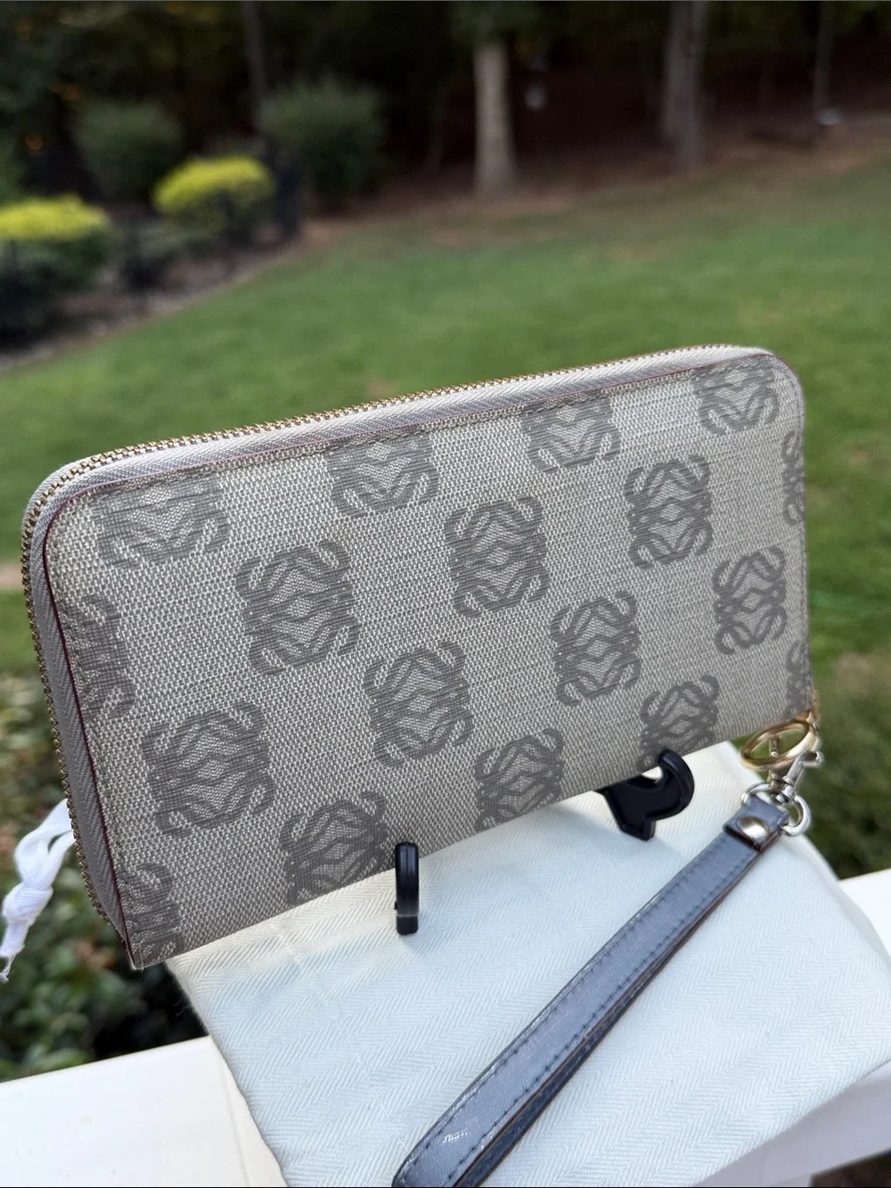Loewe Vintage Beige and Gray Monogram Zip-Around Logo Wristlet Wallet